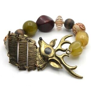 Statement Stretch Bracelet Beaded Multicolor Deer Bronze Boho Nature Earthy Goth